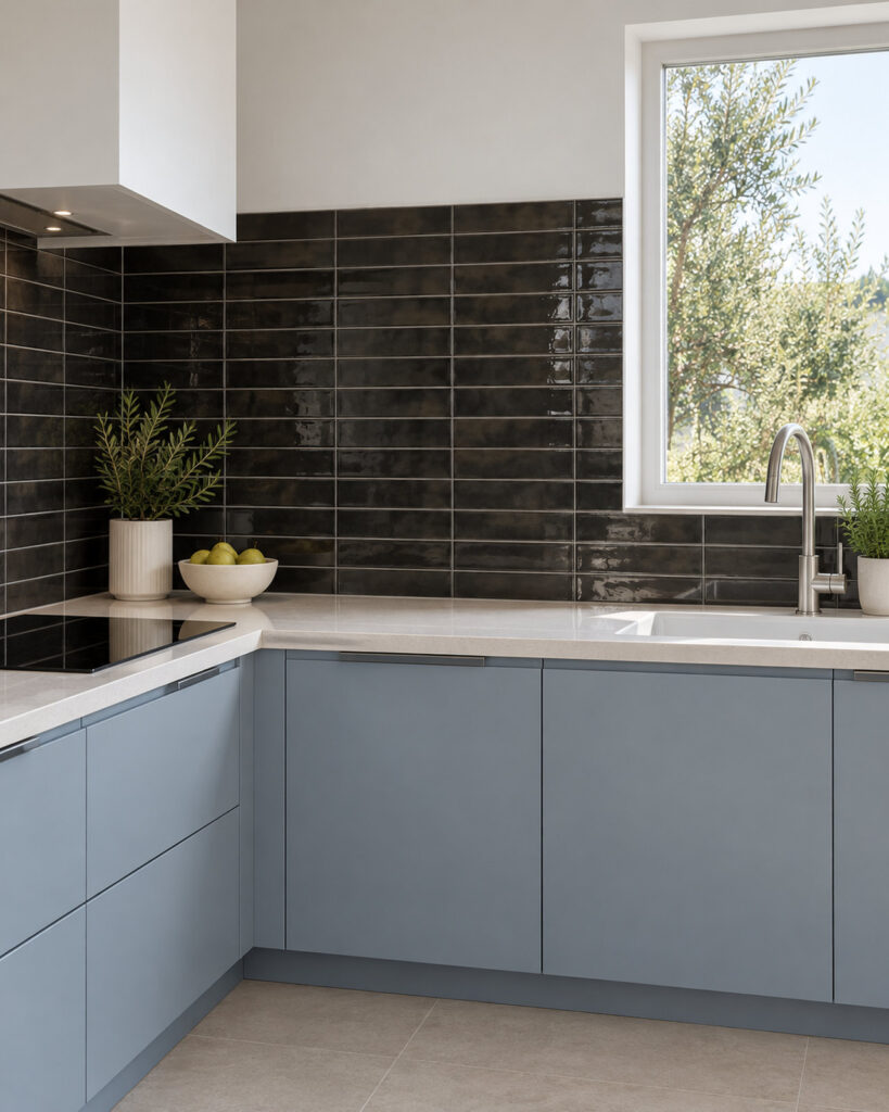 Cifre Opal Black glanstegels van 7,5 × 30 cm als keukenachterwand in horizontaal recht verband, gecombineerd met lichtblauwe kasten en een wit werkblad.