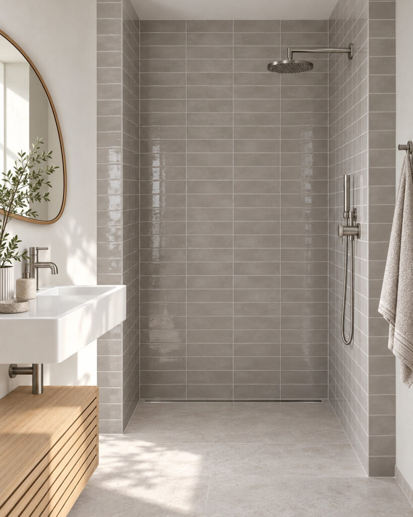Glanzende Cifre Opal Grey wandtegels van 7,5 × 30 cm in horizontaal recht verband in een douche-nis, met lichte voegen en een witte wastafel.