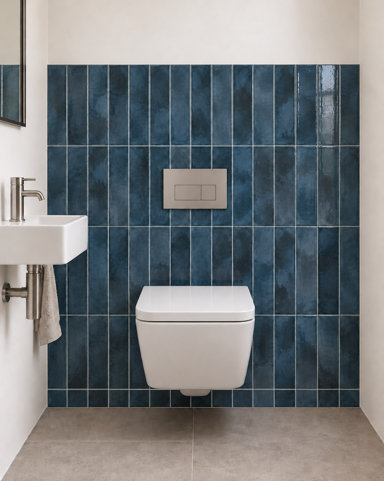 Cifre Opal Marine glanstegels van 7,5 × 30 cm in verticaal recht verband achter een wit hangtoilet, met fijne grijze voegen en blauwgroene nuances.
