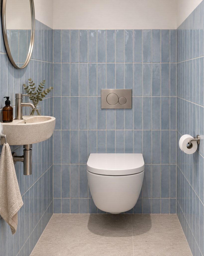 Lichtblauwe Cifre Opal Sky glanstegels van 7,5 × 30 cm in verticaal recht verband in een toiletruimte met wit hangtoilet en stenen fonteintje.