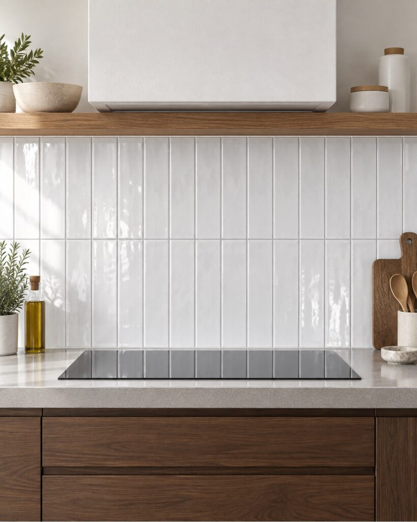 Cifre Opal White glanstegels van 7,5 × 30 cm in verticaal recht verband boven een licht keukenblad met donkere houten onderkasten.