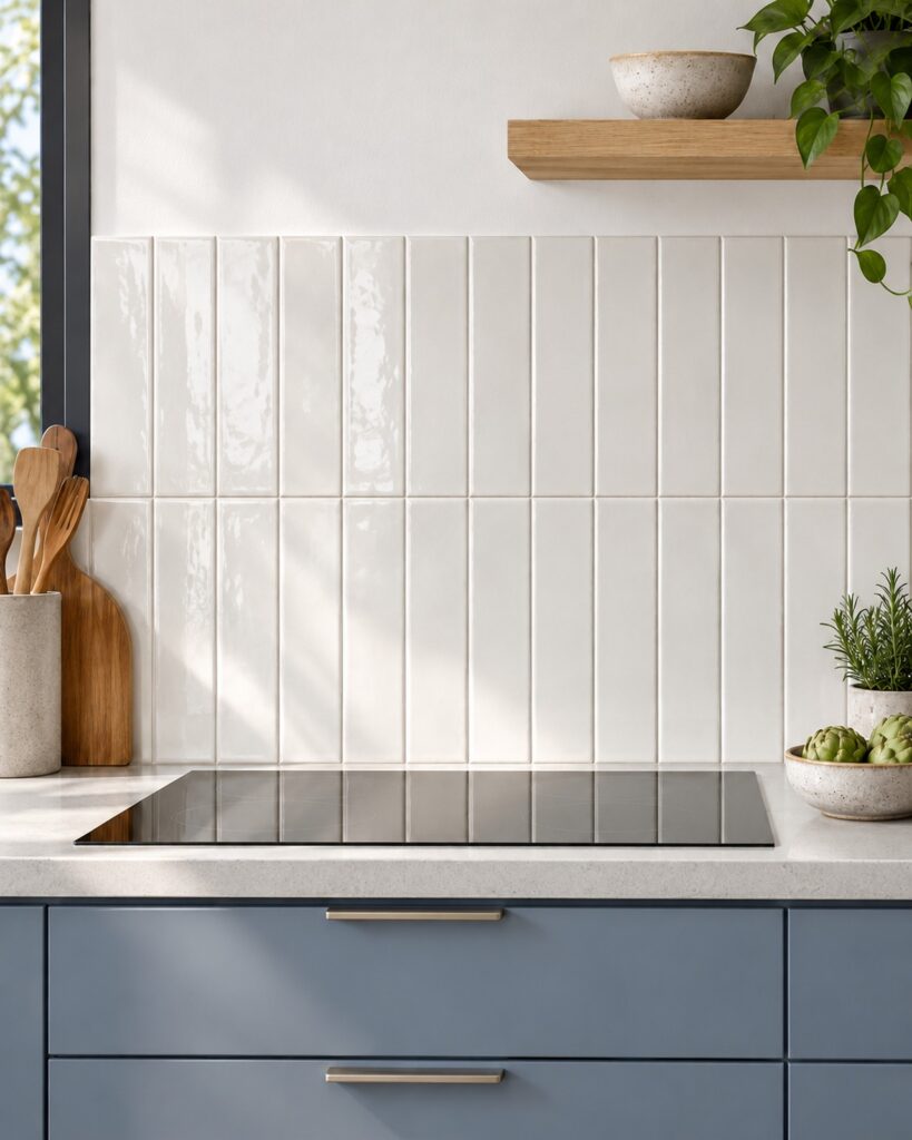 Cifre Opal Snow glanstegels van 7,5 × 30 cm in verticaal recht verband boven een licht keukenblad met blauwe onderkasten.