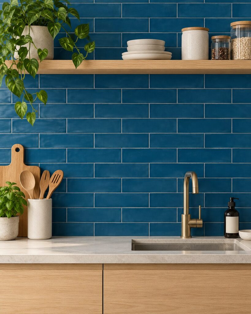 Petrolblauwe matte wandtegels in halfsteens verband boven een keukenblad