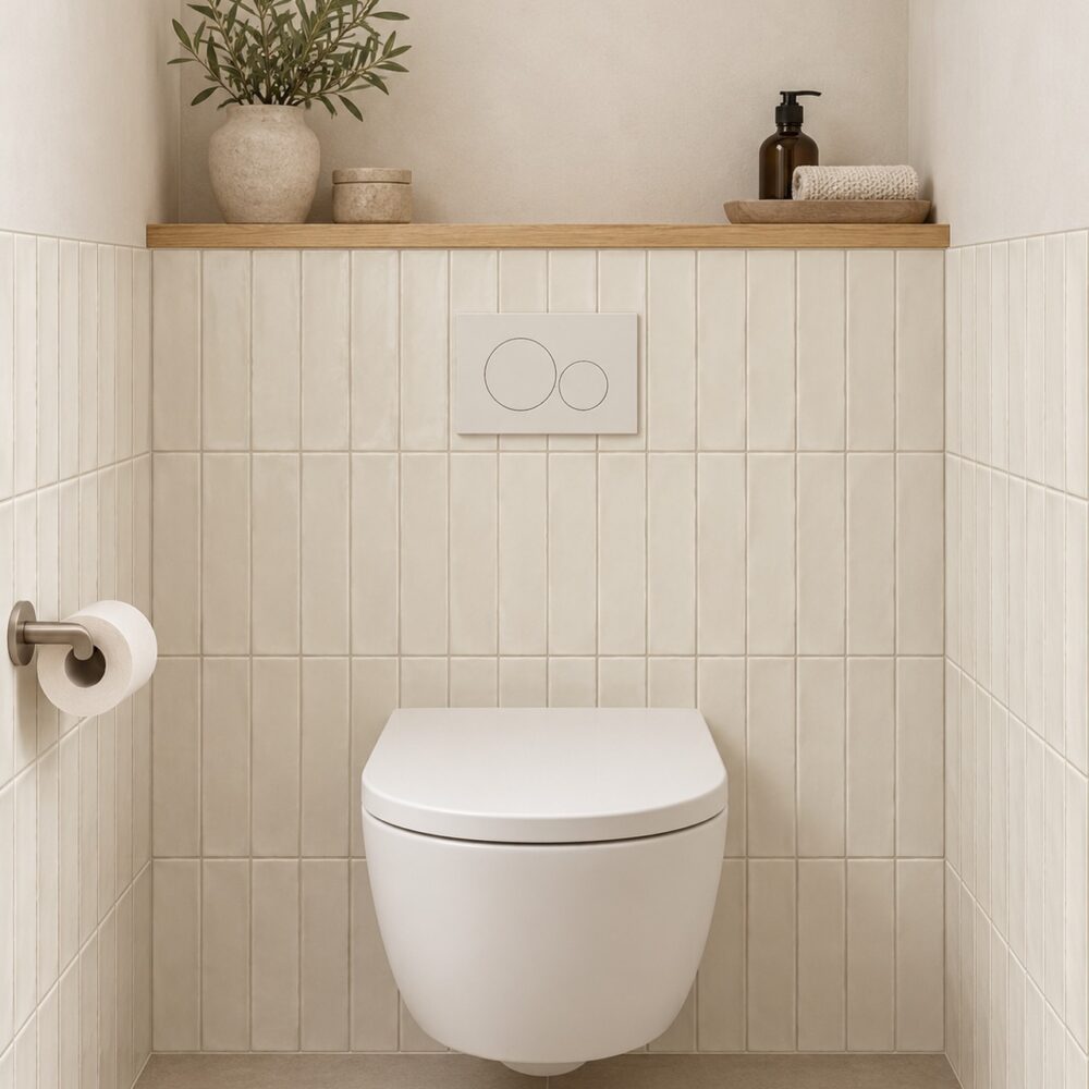 Crèmekleurige matte wandtegels verticaal in recht verband in een toilet