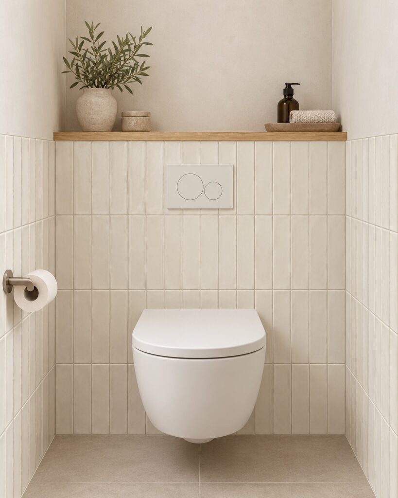 Crèmekleurige matte wandtegels verticaal in recht verband in een toilet