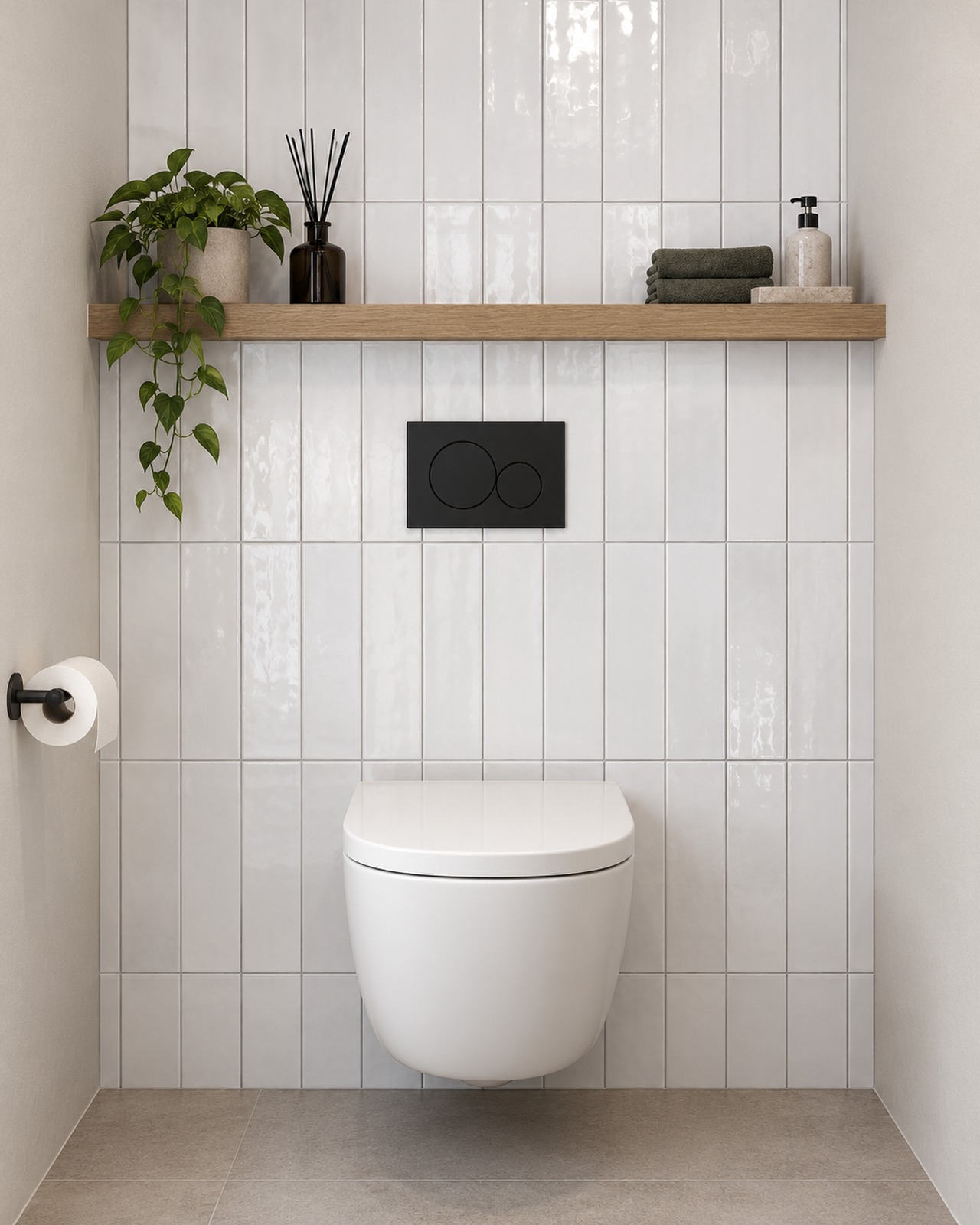 Witte glanstegels verticaal in recht verband achter een toilet