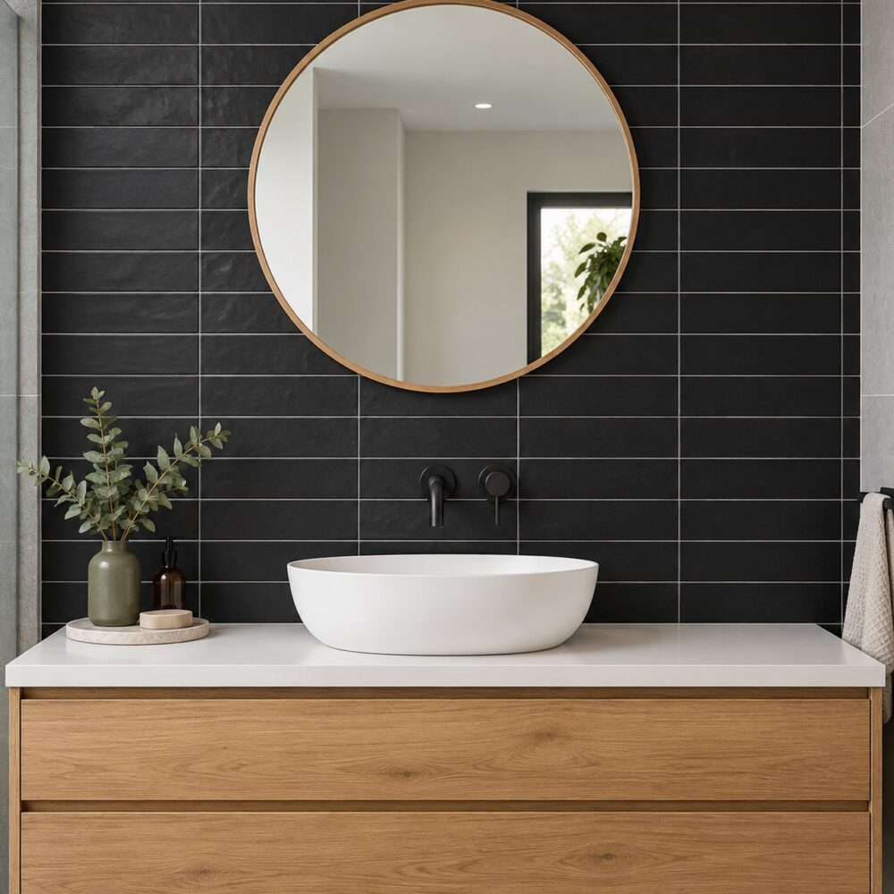 Cifre Colonial Black Mat wandtegels van 7,5 × 30 cm in horizontaal recht verband achter een witte waskom, met ronde spiegel en eiken meubel.