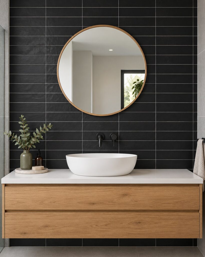 Cifre Colonial Black Mat wandtegels van 7,5 × 30 cm in horizontaal recht verband achter een witte waskom, met ronde spiegel en eiken meubel.