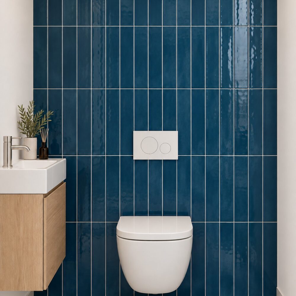 Cifre Colonial Marine Glans 7,5 × 30 cm in verticaal recht verband achter een wit hangtoilet, met lichtgrijze voegen en een eiken fonteinkast.