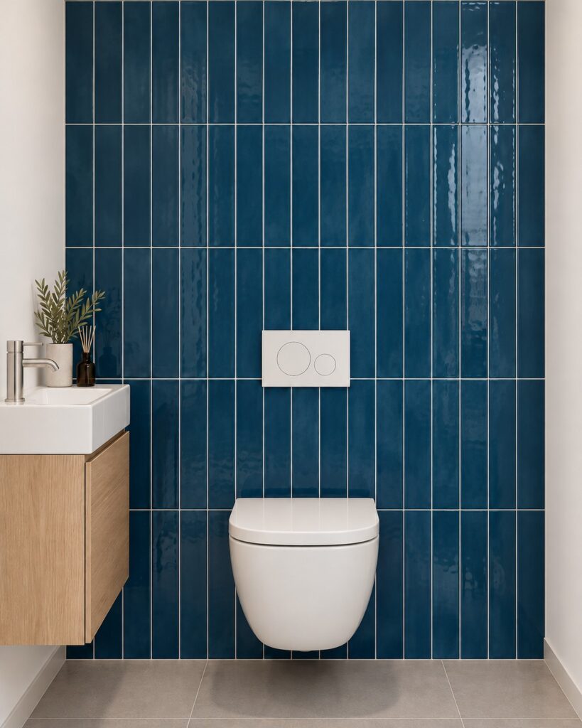 Cifre Colonial Marine Glans 7,5 × 30 cm in verticaal recht verband achter een wit hangtoilet, met lichtgrijze voegen en een eiken fonteinkast.
