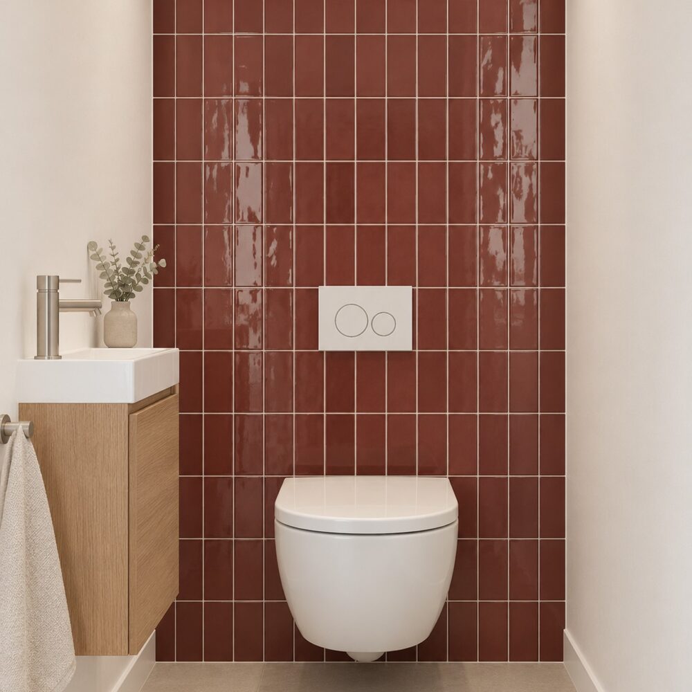 Glanzende granaatrode Cifre Atlas wandtegels in verticaal recht verband achter een wit hangtoilet, naast een houten fonteinkast.