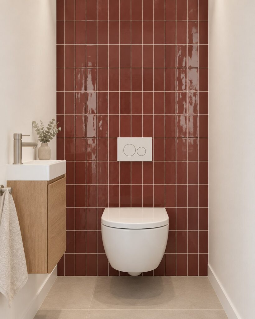 Glanzende granaatrode Cifre Atlas wandtegels in verticaal recht verband achter een wit hangtoilet, naast een houten fonteinkast.