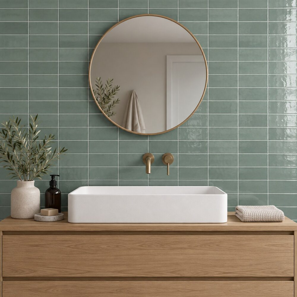 Cifre Atlas Jade Glans 7,5 × 15 cm in horizontaal recht verband achter een witte wastafel met eiken meubel en ronde spiegel.