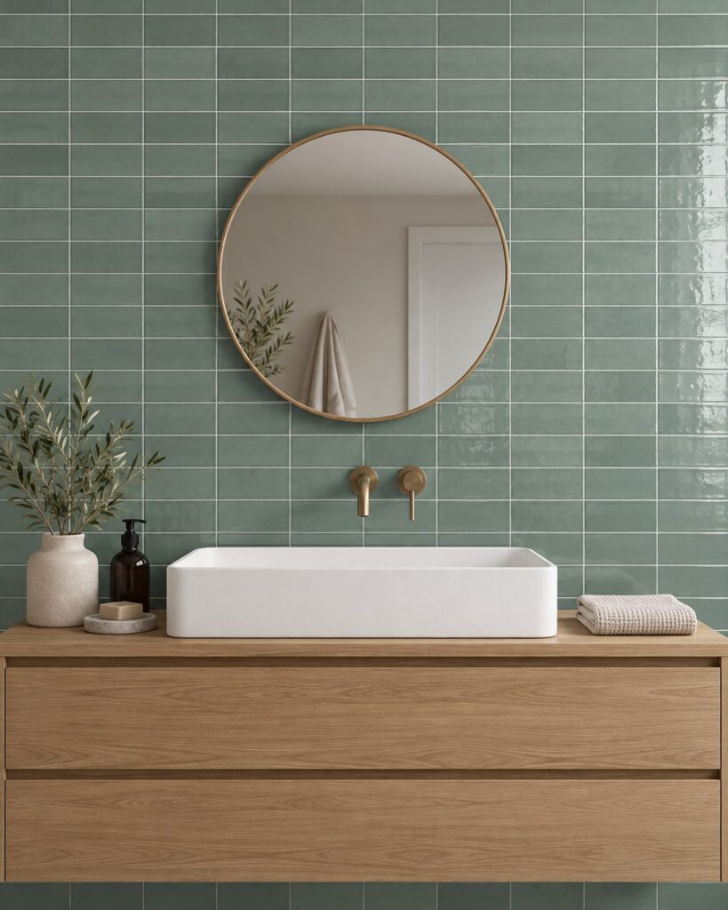 Cifre Atlas Jade Glans 7,5 × 15 cm in horizontaal recht verband achter een witte wastafel met eiken meubel en ronde spiegel.