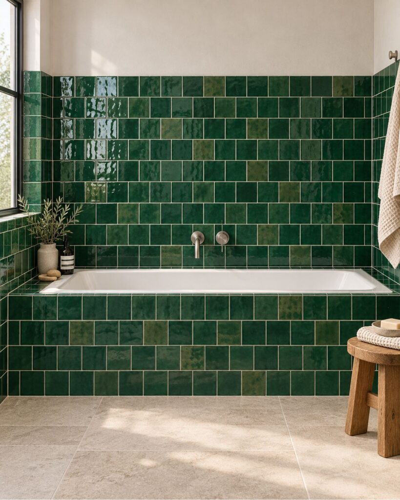Cifre Zellige Olive glanstegels van 10 × 10 cm in halfsteens verband op de wand en badombouw, met diepe groene en olijfgroene nuances.