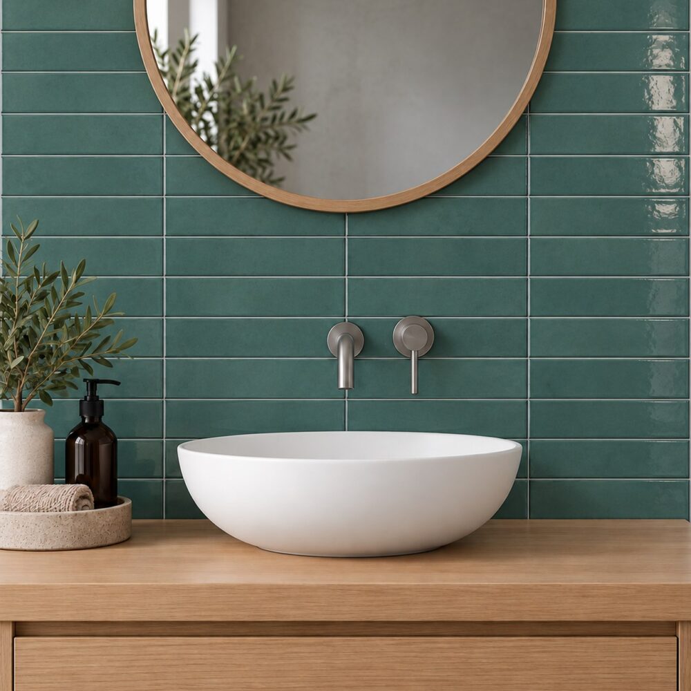 Cifre Drop Emerald Glans 7,5 × 30 cm in horizontaal recht verband achter een witte waskom, met een eiken wastafelmeubel en ronde spiegel.