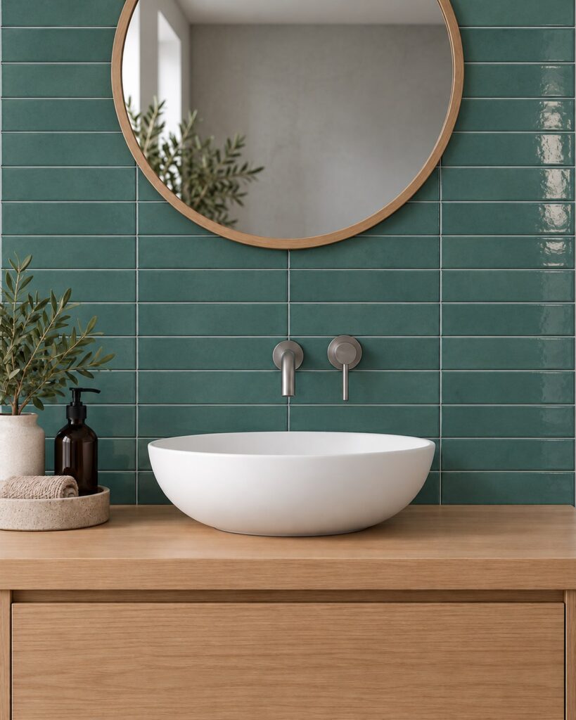 Cifre Drop Emerald Glans 7,5 × 30 cm in horizontaal recht verband achter een witte waskom, met een eiken wastafelmeubel en ronde spiegel.