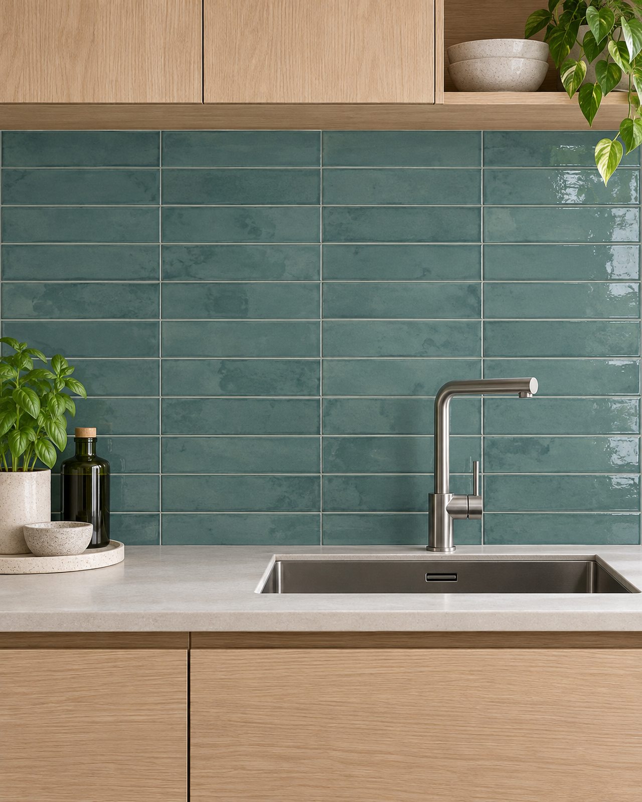 Glanzende groene Cifre Drop Emerald tegels van 7,5 × 30 cm als keukenachterwand in horizontaal recht verband, bij eiken kasten en een licht werkblad.