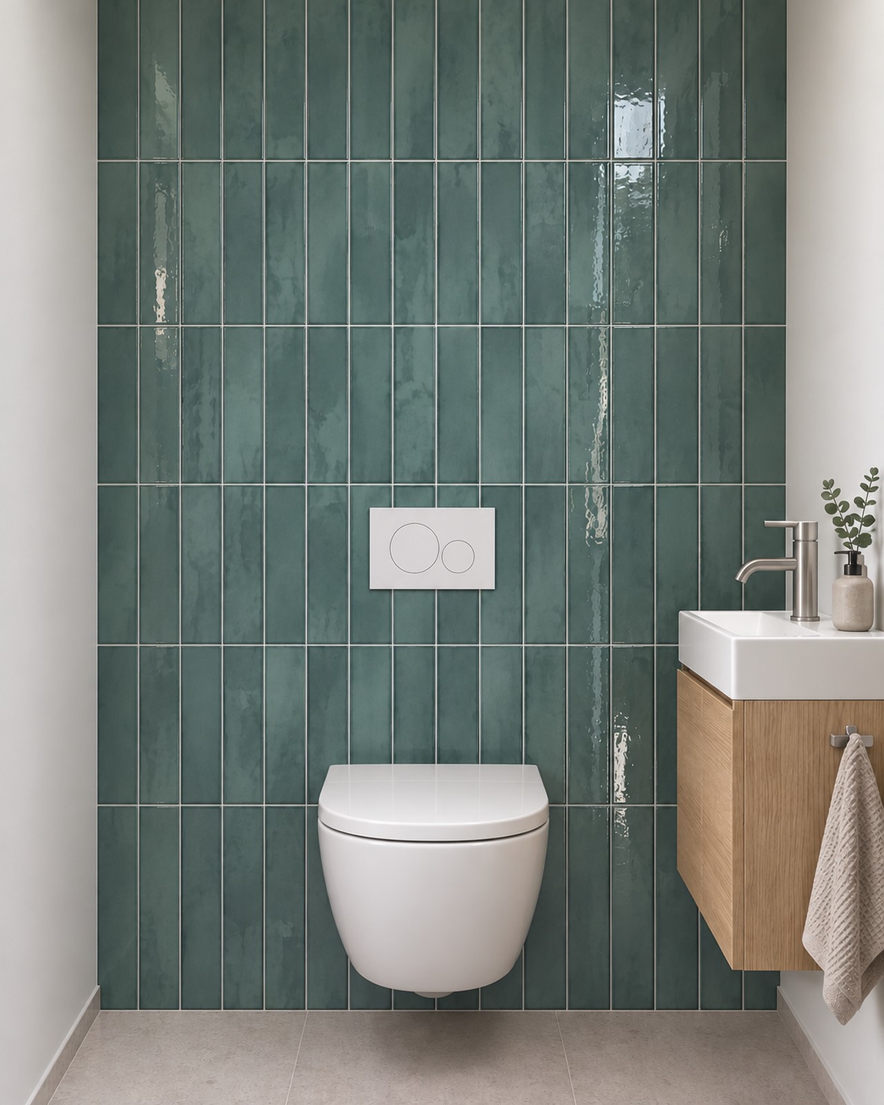 Cifre Drop Emerald Glans 7,5 × 30 cm als groene wandbekleding in verticaal recht verband achter een wit hangtoilet, naast een eiken fonteinkast.