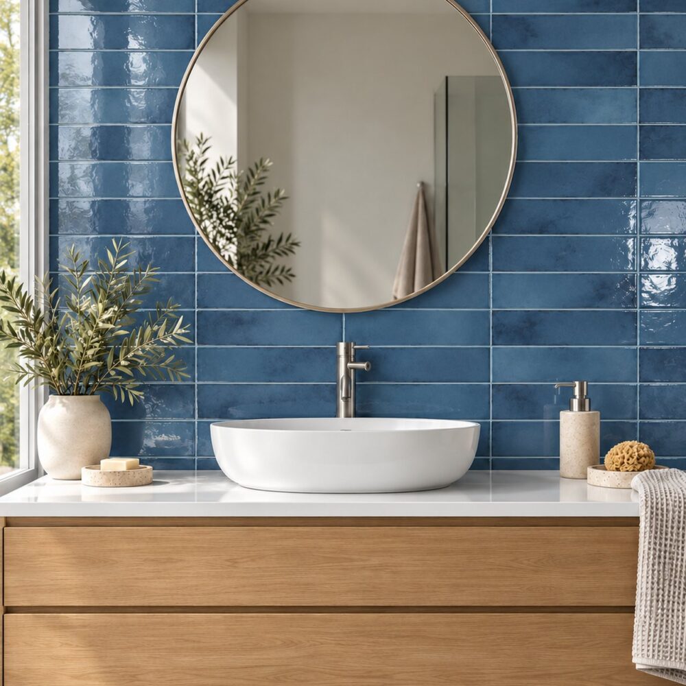 Cifre Drop Marine Glans 7,5 × 30 cm in horizontaal recht verband achter een witte waskom, met blauwe kleurnuances, een eiken wastafelmeubel en ronde spiegel.