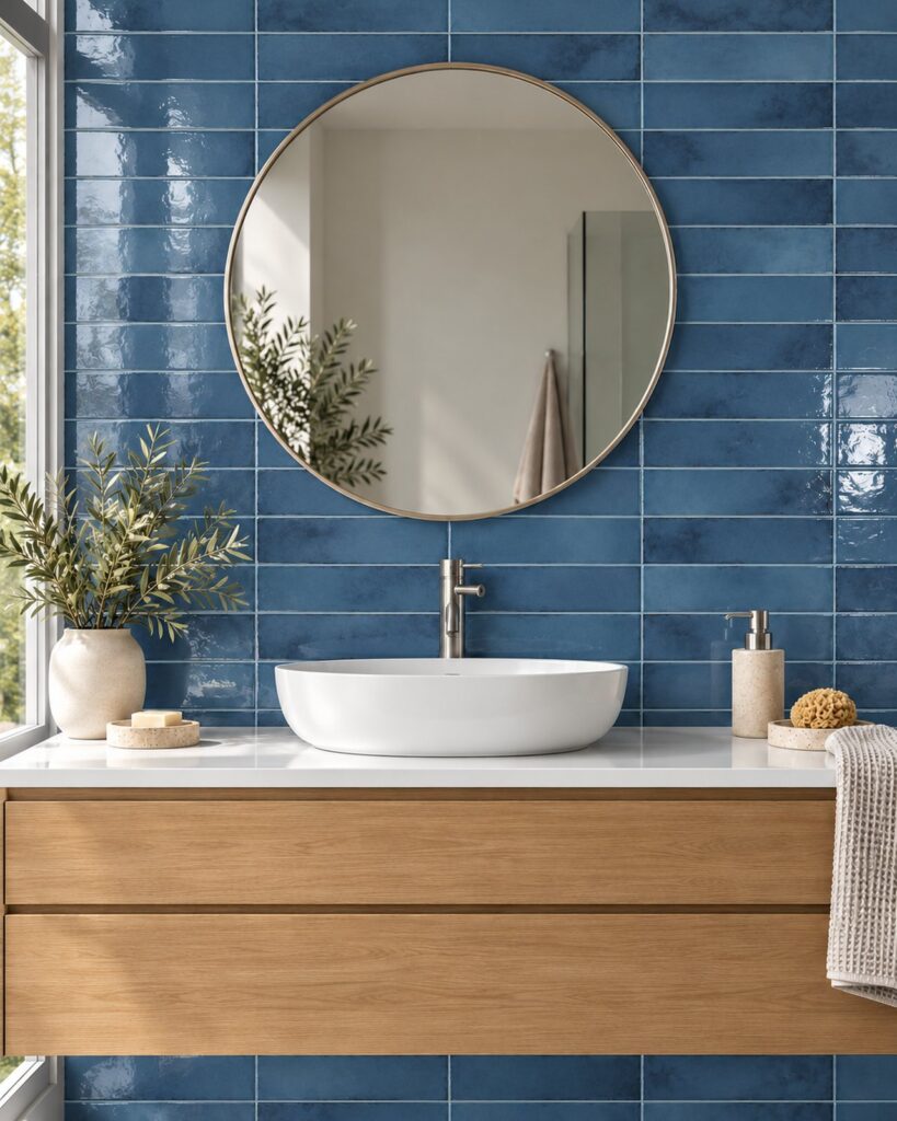 Cifre Drop Marine Glans 7,5 × 30 cm in horizontaal recht verband achter een witte waskom, met blauwe kleurnuances, een eiken wastafelmeubel en ronde spiegel.
