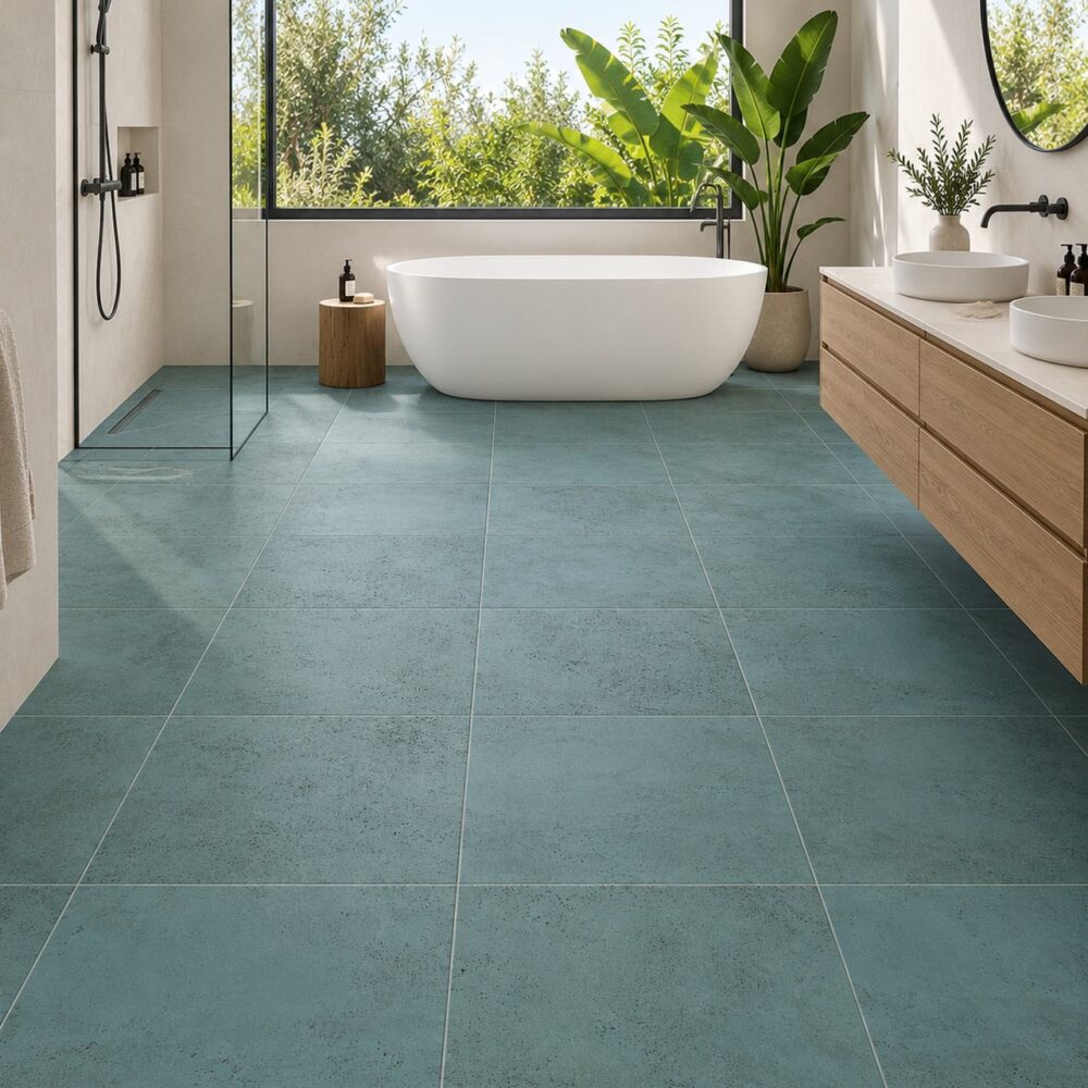 Blauwgroene vloertegels in een lichte badkamer met vrijstaand bad en houten wastafelmeubel.