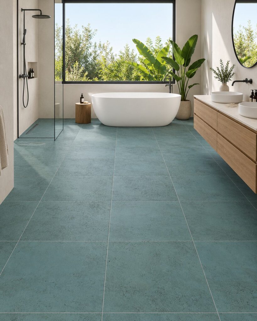 Blauwgroene vloertegels in een lichte badkamer met vrijstaand bad en houten wastafelmeubel.