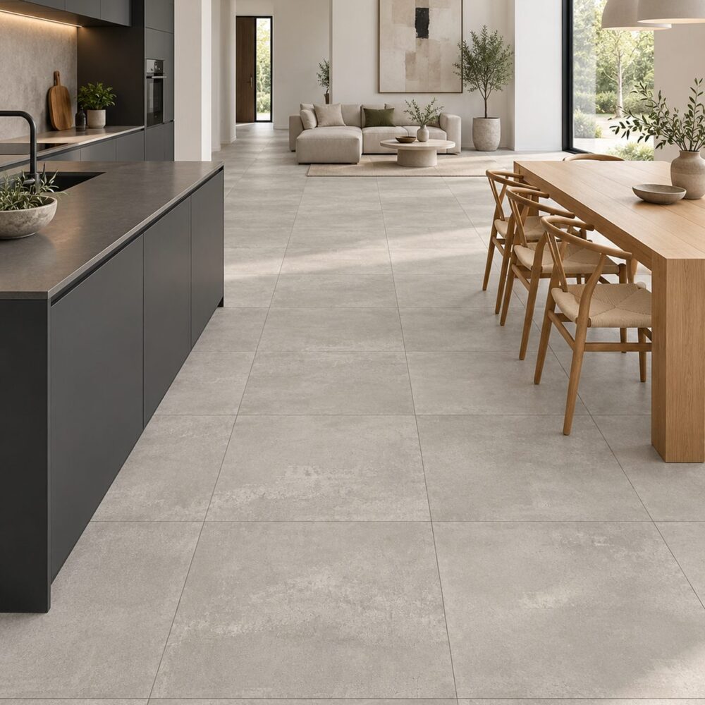Lichtgrijze betonlook vloertegels in een moderne keuken met donkere kasten.