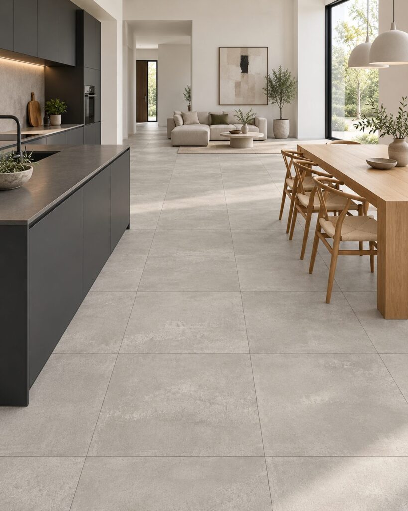 Lichtgrijze betonlook vloertegels in een moderne keuken met donkere kasten.