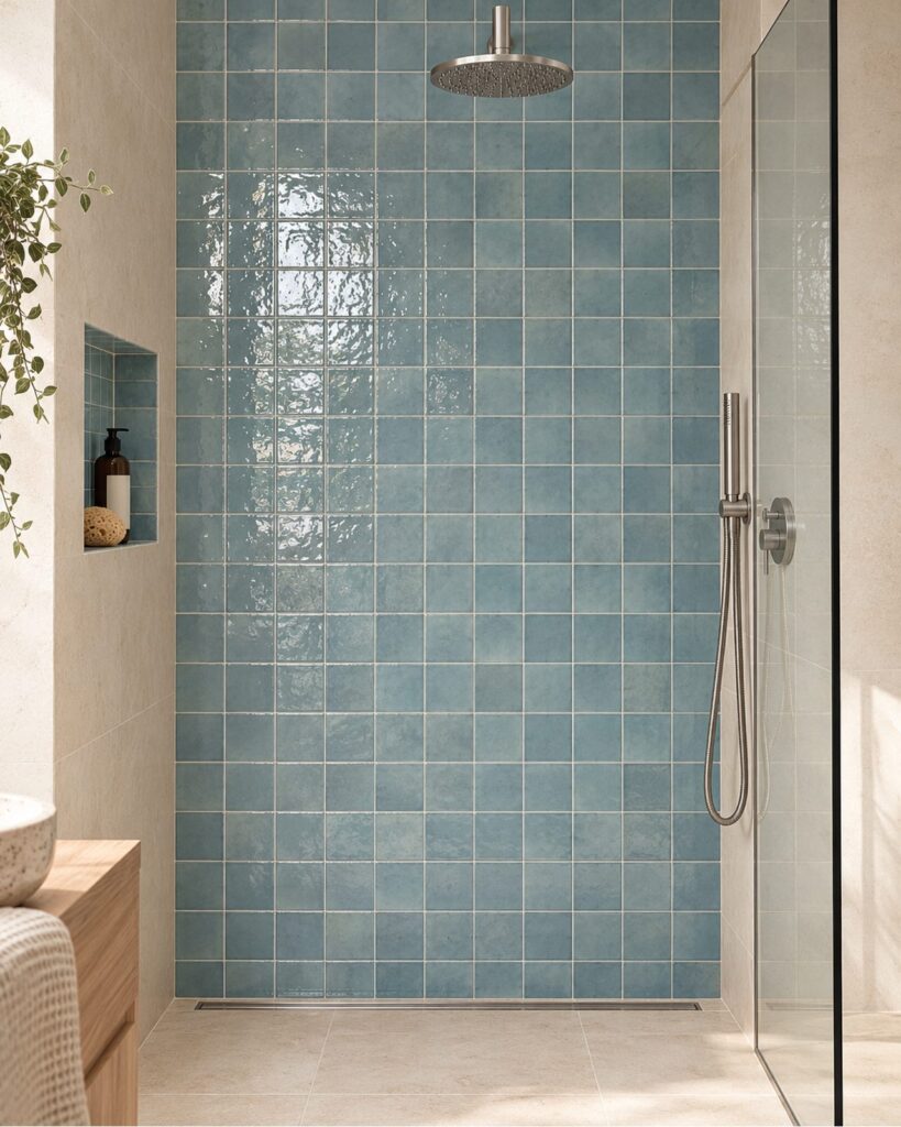 Cifre Zellige Aqua glanstegels van 10 × 10 cm in recht verband in een inloopdouche, met aquakleurige nuances en lichte voegen.