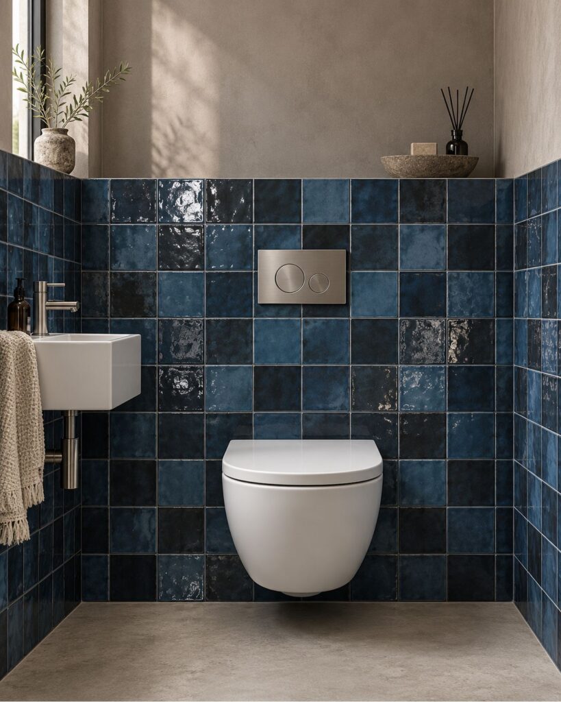 Life Artisan Azul Oscuro 13x13 cm glanzende donkerblauwe wandtegels in recht verband achter een wit hangtoilet met rvs bedieningsplaat.