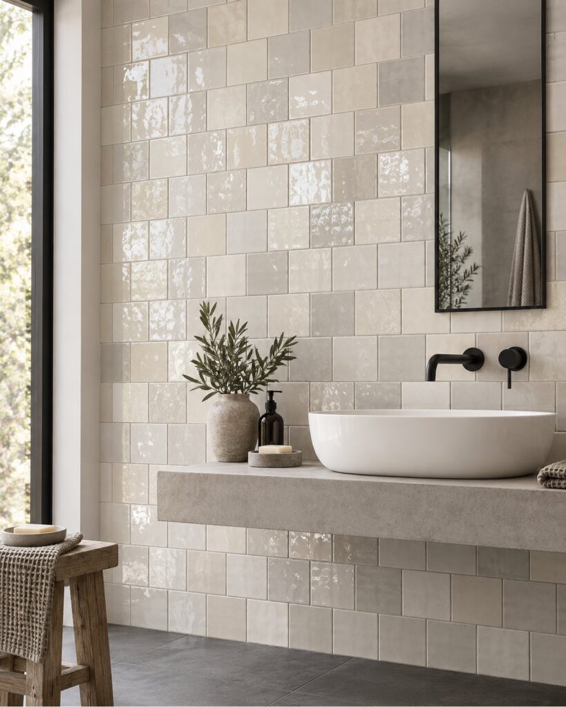 Life Artisan Blanco 13x13 cm glanzende warmwitte wandtegels in halfsteensverband achter een witte waskom met zwarte wandkraan.