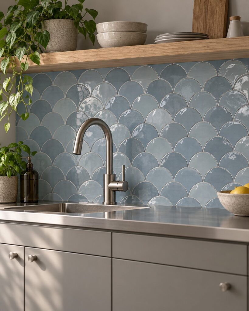 Keuken met glanzende blauwgrijze Life Scale Azul visschubtegels van 12x12,5 cm boven een roestvrijstalen werkblad.