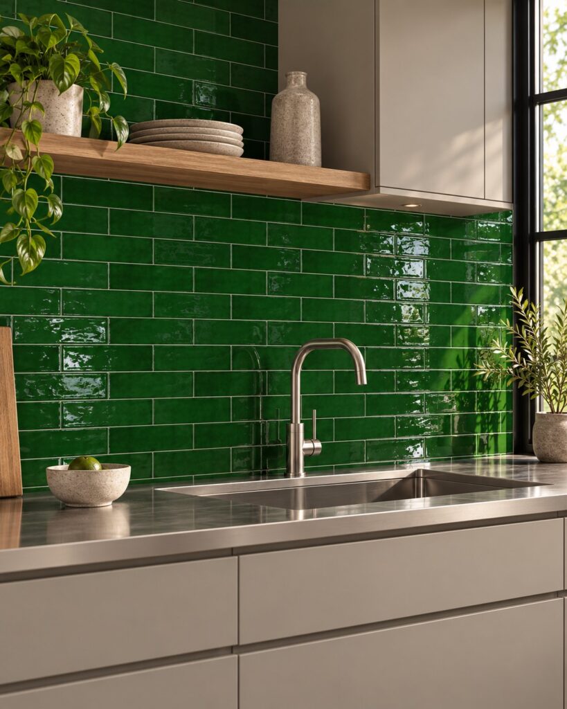 Keuken met glanzende groene Life Fashion Emerald tegels van 7,5x30 cm in halfsteens verband boven een roestvrijstalen werkblad.