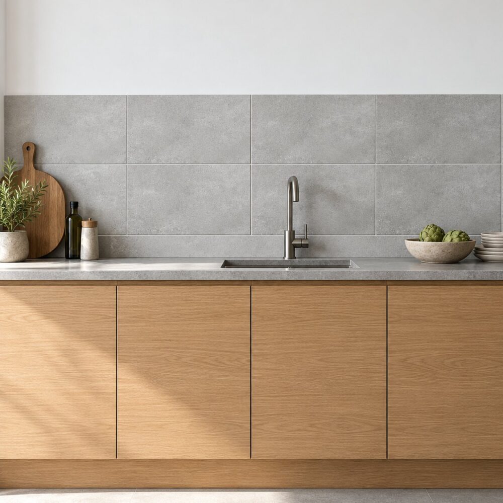 Keuken met grijze matte wandtegels en eiken kasten