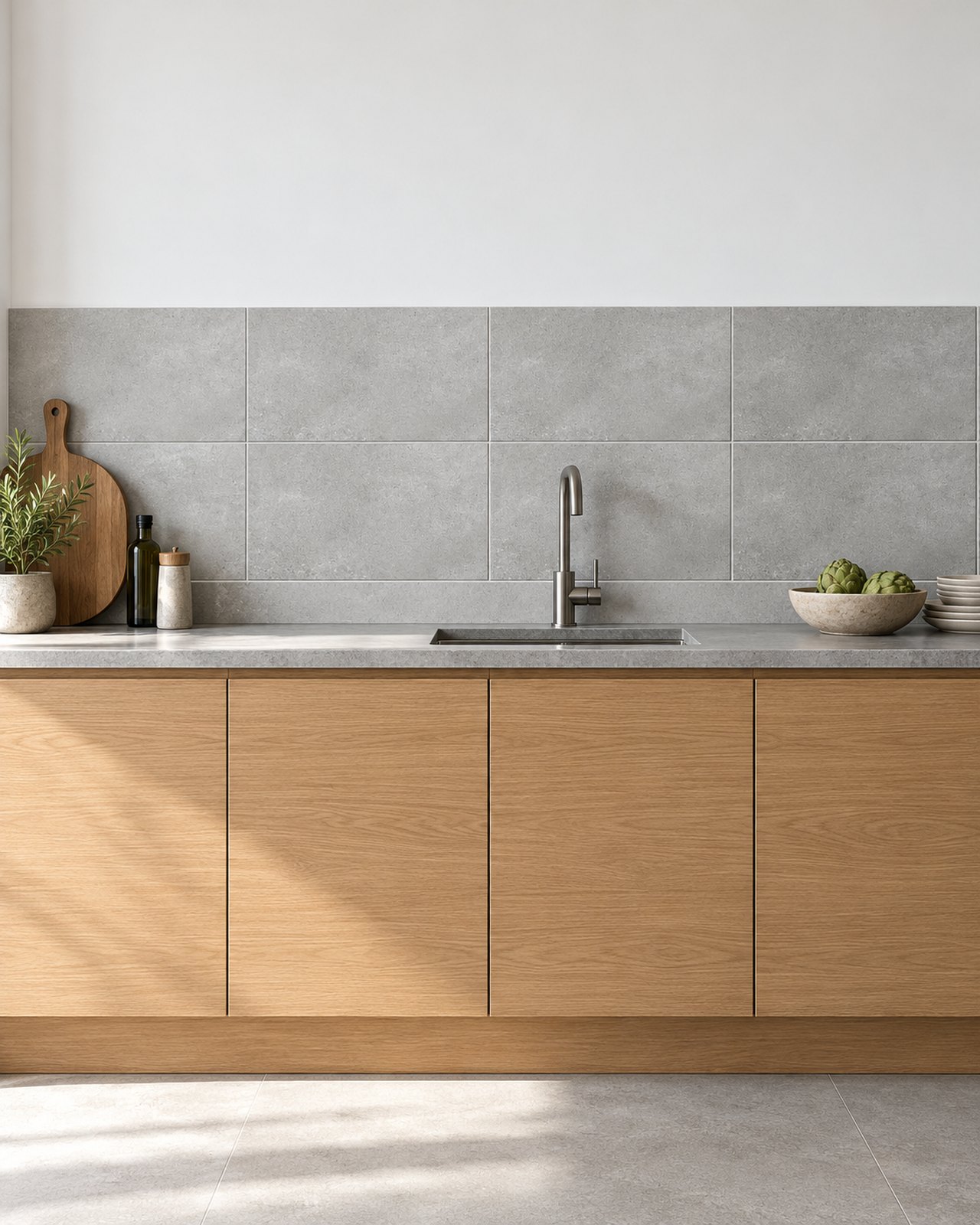 Keuken met grijze matte wandtegels en eiken kasten