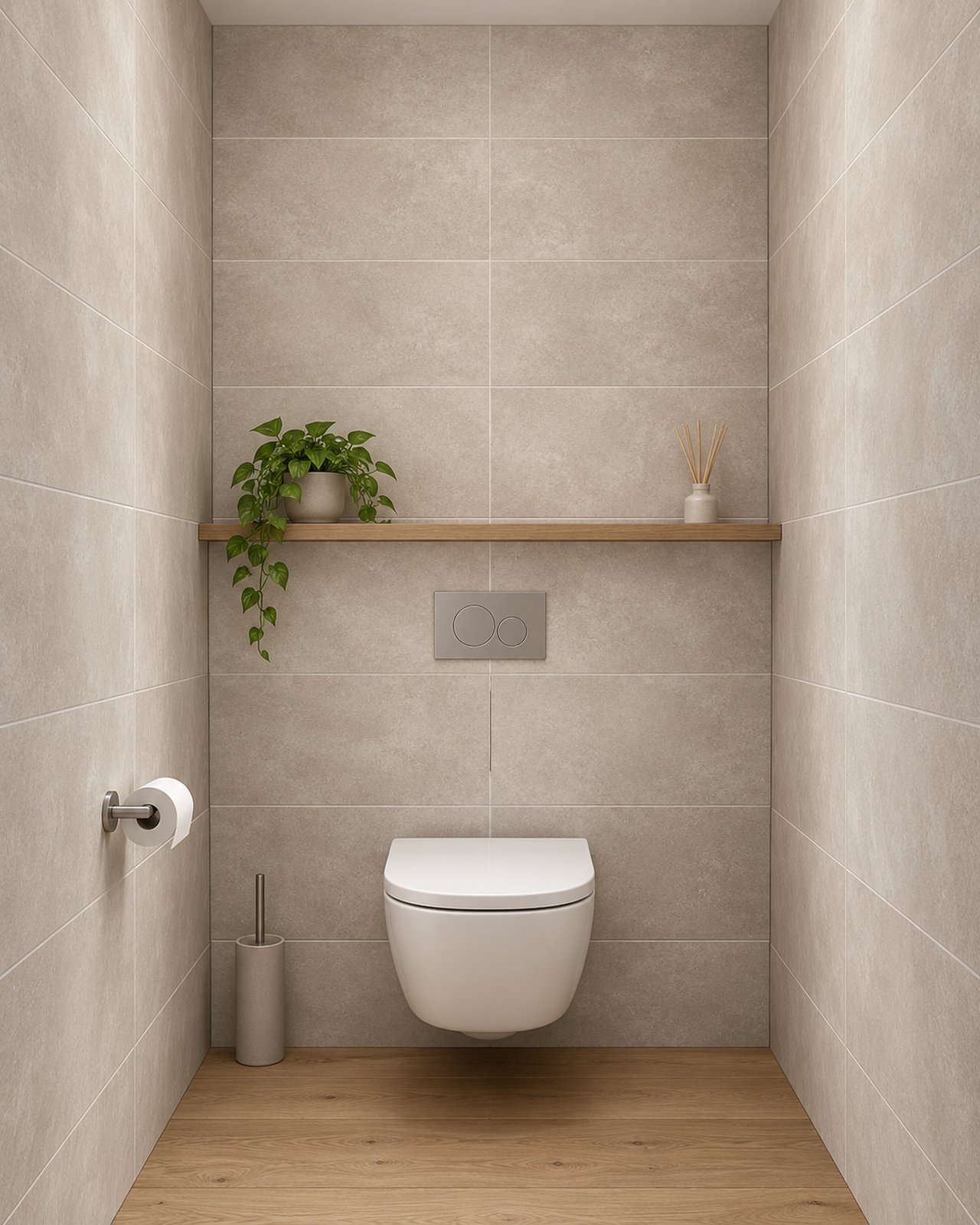 Moderne toiletruimte met greige wandtegels en houten plank