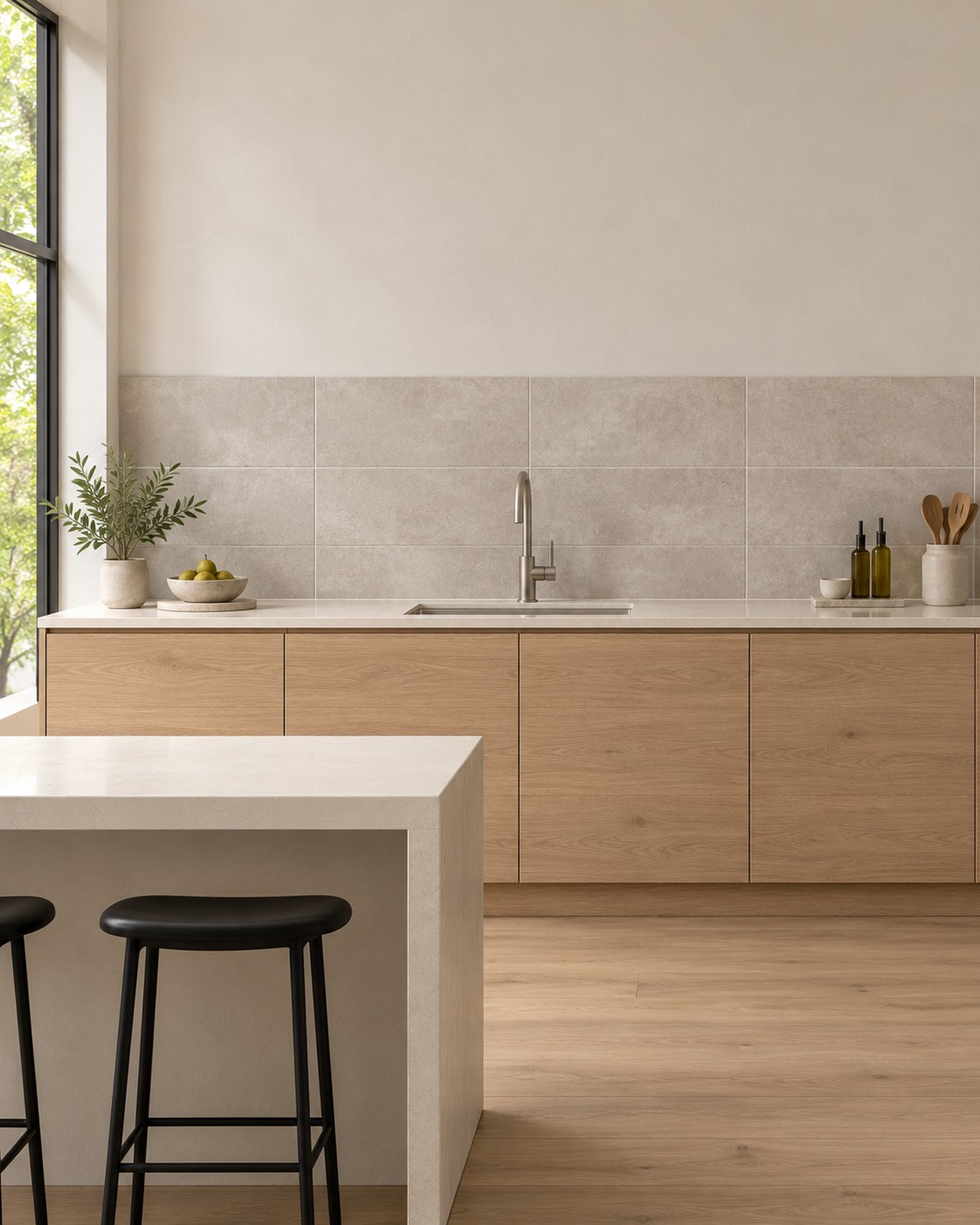 Keuken met greige tegelwand, eiken kasten en licht werkblad