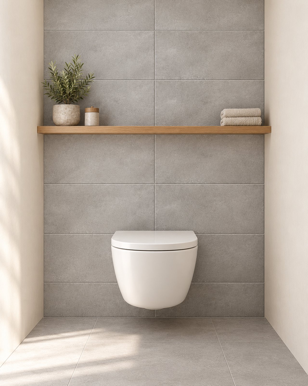 Toiletruimte met grijze tegelwand en houten plank