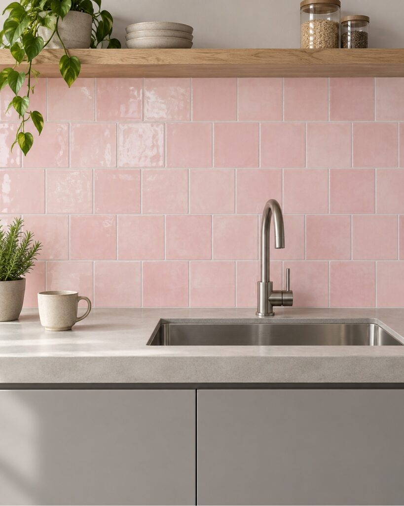 Life Artisan Rosa Soft 13x13 cm glanzende zachtroze wandtegels in halfsteensverband boven een licht keukenwerkblad met rvs kraan en grijze kasten.