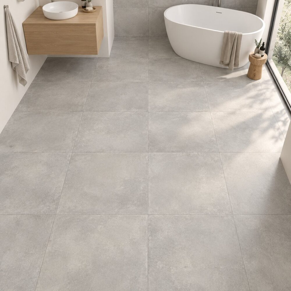 Grijze betonlook tegels in een badkamer met houten wastafelmeubel en vrijstaand bad.