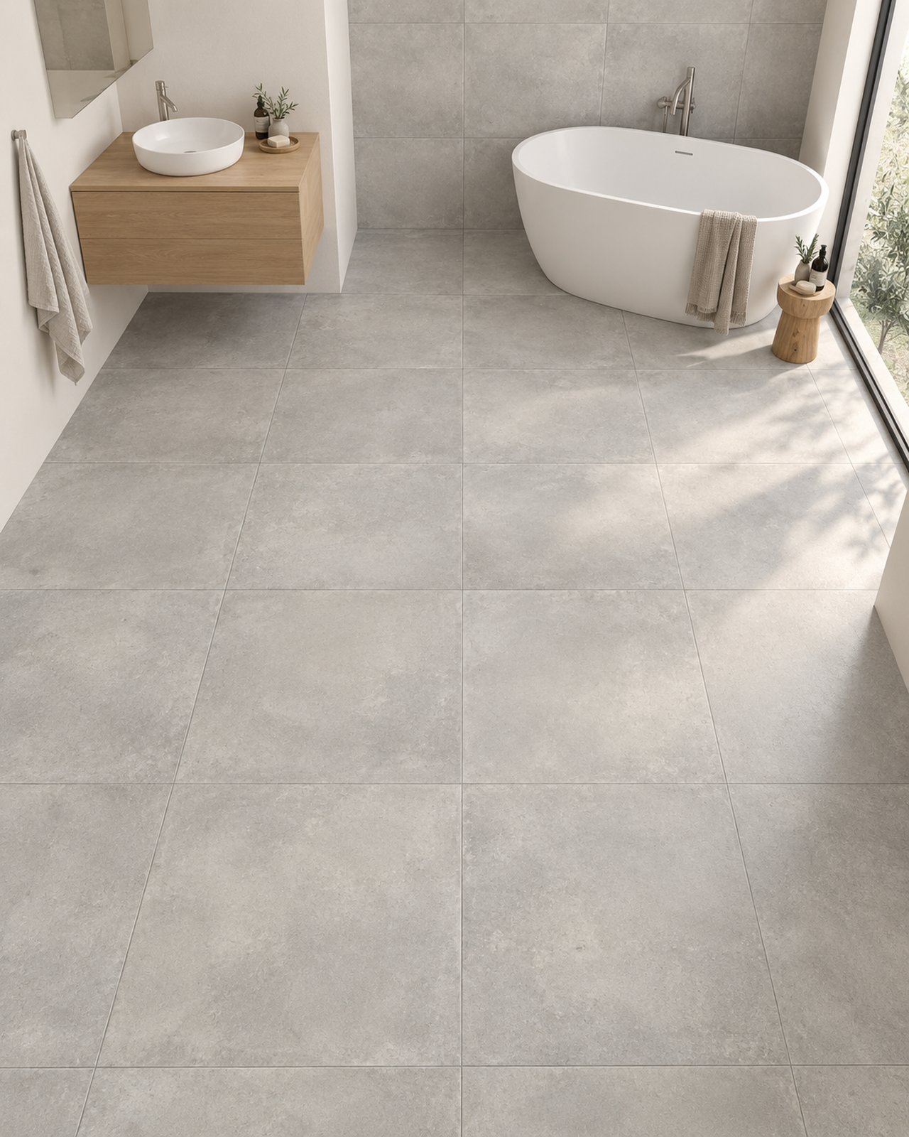 Grijze betonlook tegels in een badkamer met houten wastafelmeubel en vrijstaand bad.