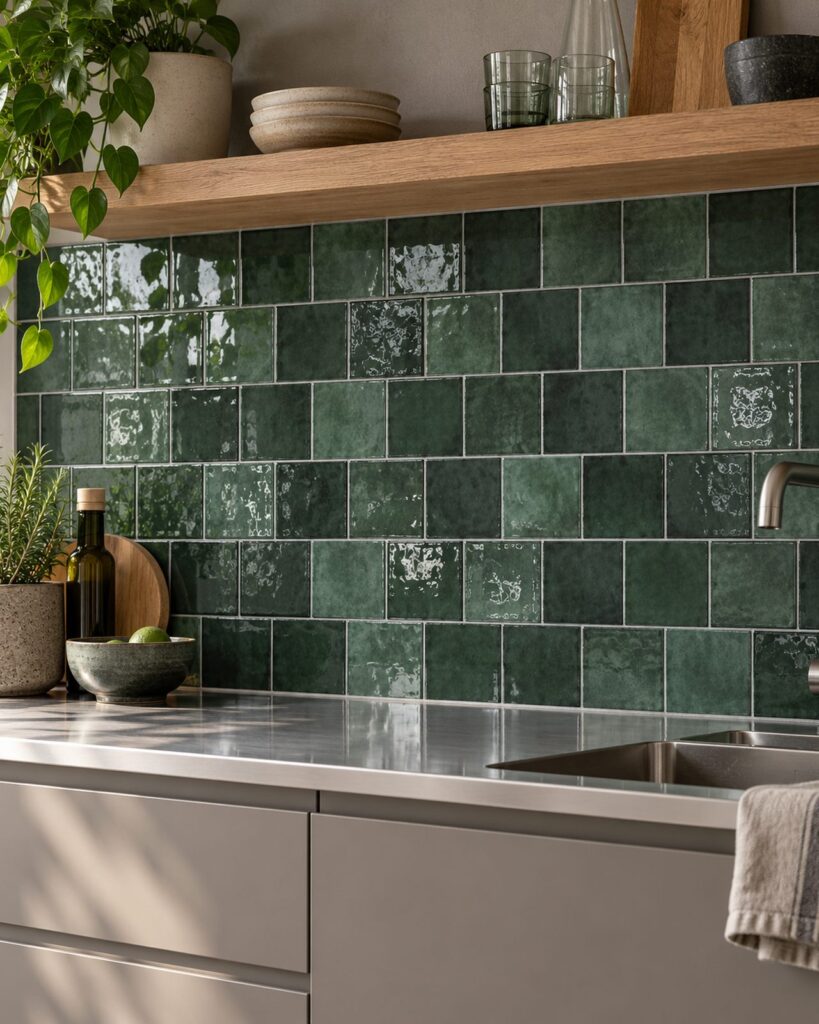 Keuken met glanzende Life Artisan Verde Oscuro tegels van 13x13 cm in halfsteens verband boven een roestvrijstalen werkblad.