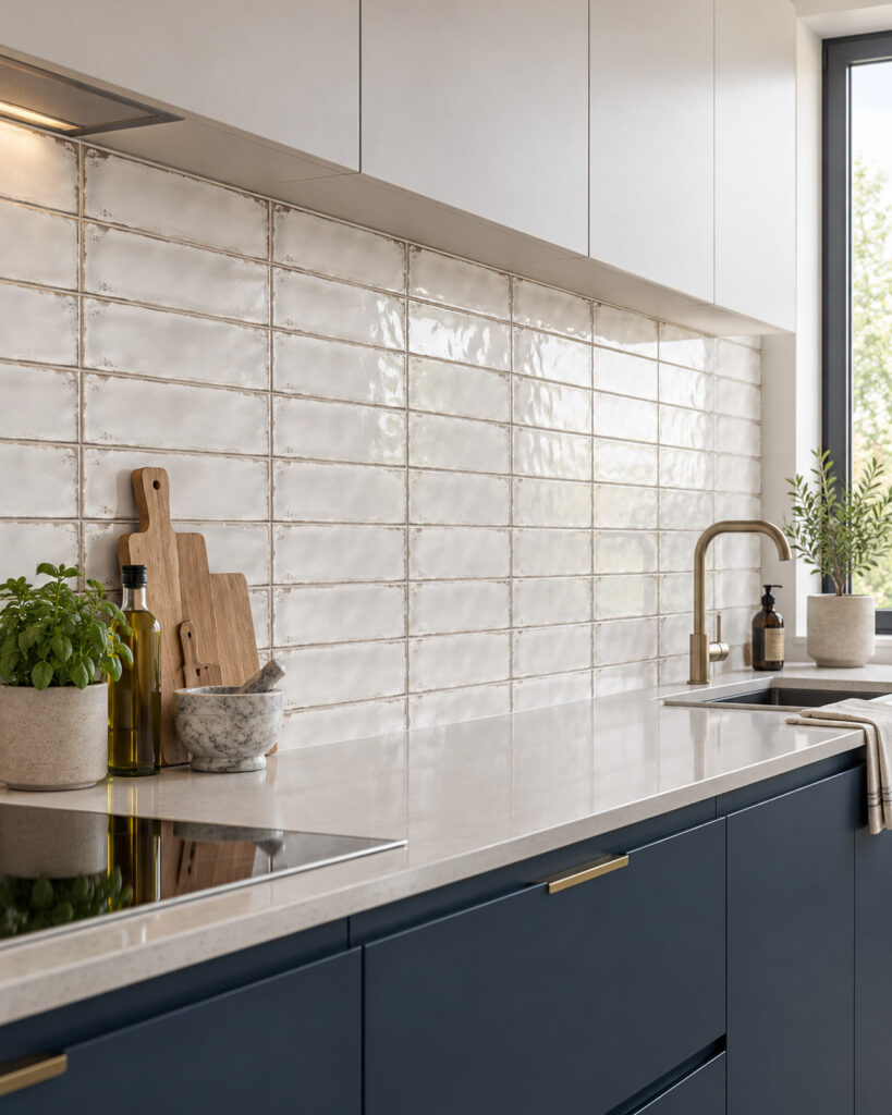 Cifre Lumen White tegels als keukenachterwand in horizontaal recht verband, schuin bekeken langs een licht werkblad en donkerblauwe kasten.
