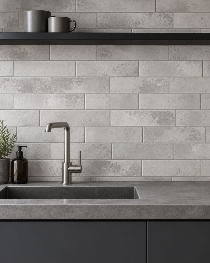 Cifre Subway Pearl matte tegels van 7 × 28 cm als achterwand in een industriële keuken met betonnen werkblad en antracietkleurige kasten.