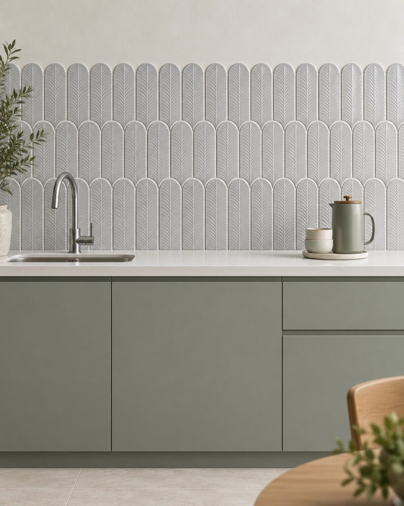 Cifre Alma Pearl bladtegels met reliëf boven een wit keukenblad met groene onderkasten.
