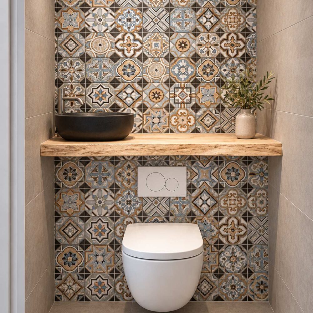 Decoratieve wandtegels in blauwgrijs, crème en oker in een modern toilet