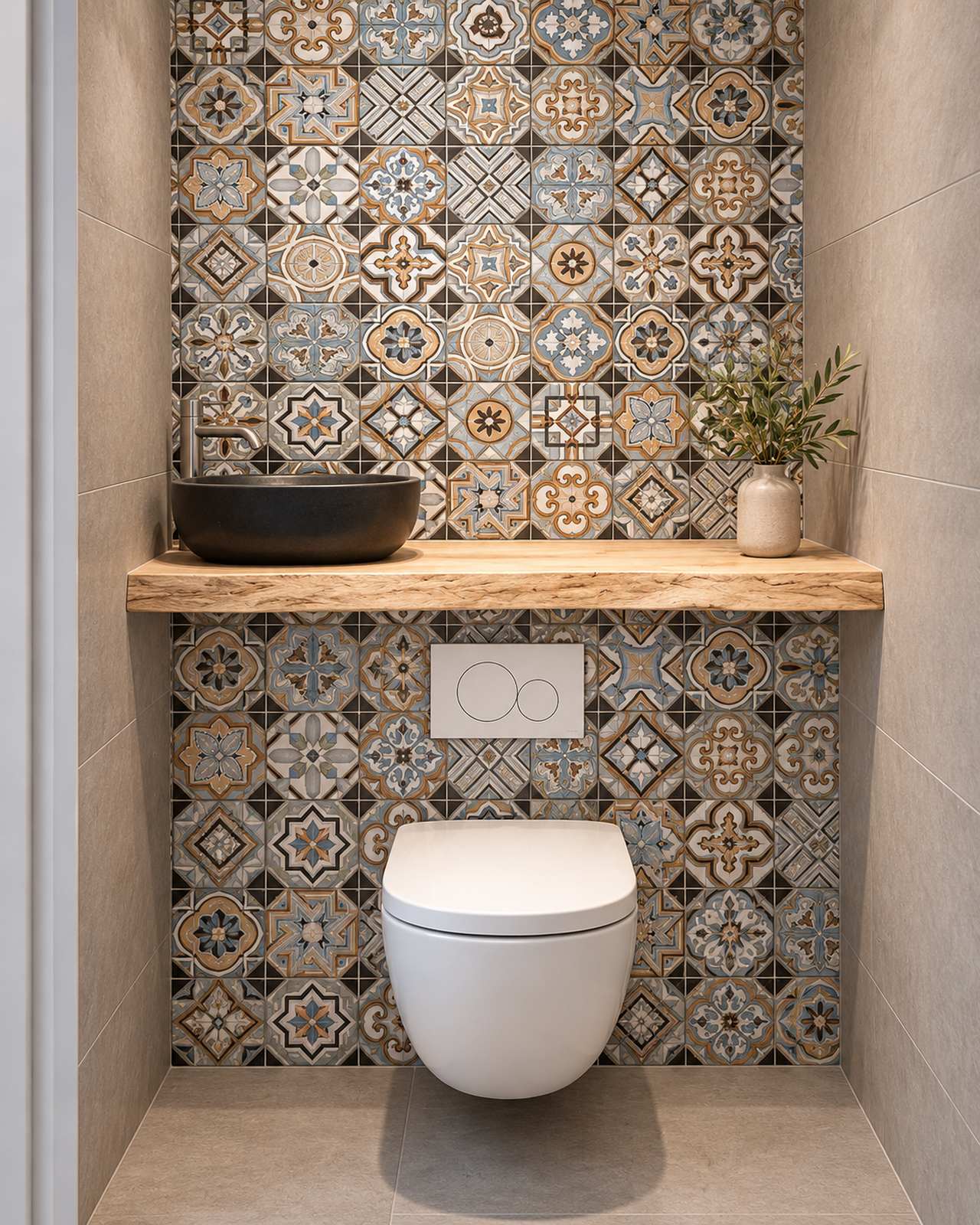 Decoratieve wandtegels in blauwgrijs, crème en oker in een modern toilet