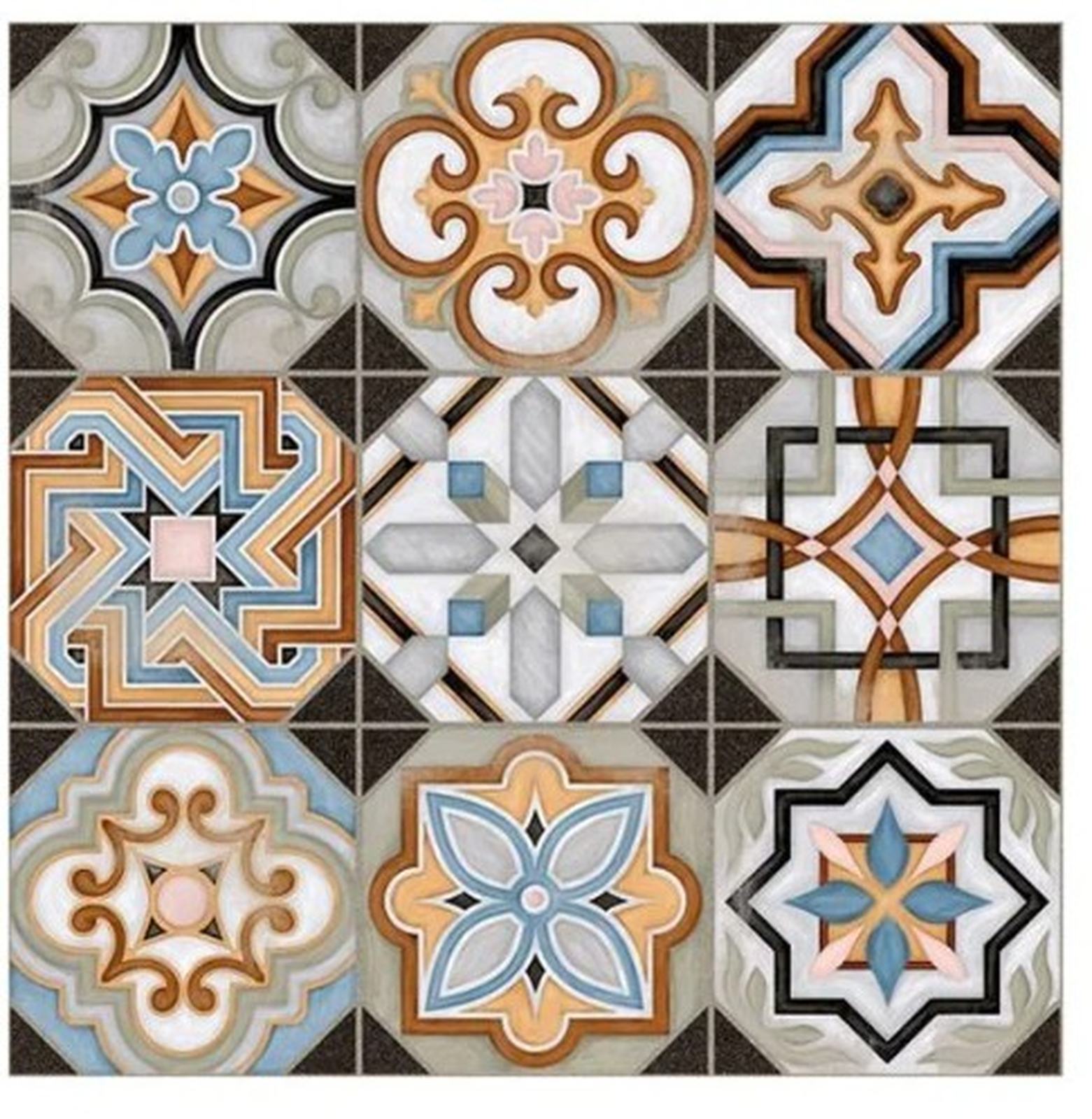 Detail van decortegels met geometrische en bloemmotieven op witte achtergrond