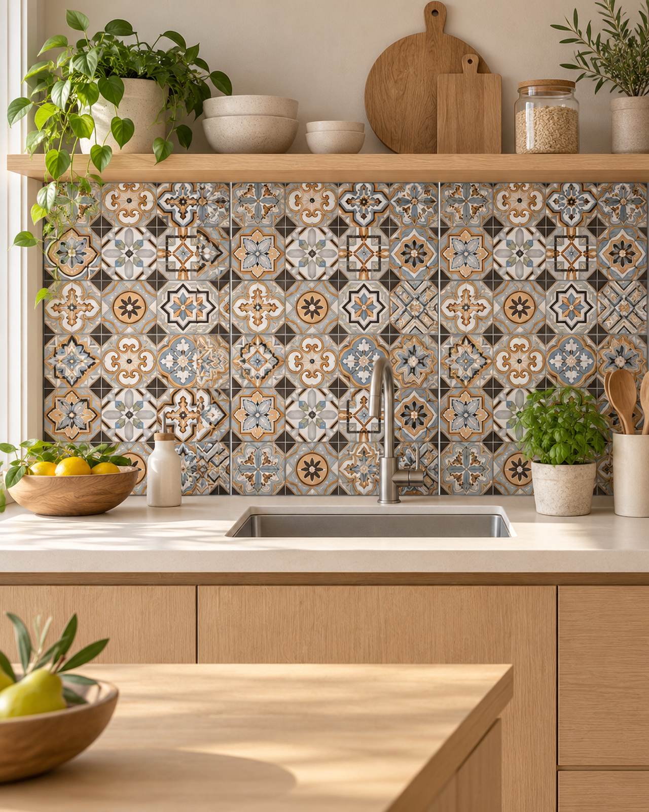 Keuken met houten kasten en een achterwand van kleurrijke decortegels